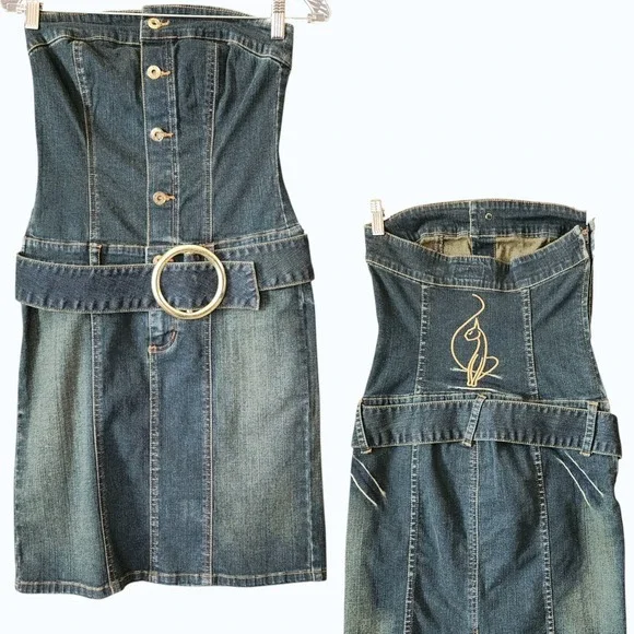 Vintage Y2K Baby Phat Denim Strapless Tube Blue Dress Cat Logo Size 1 Stretchy - Picture 12 of 12